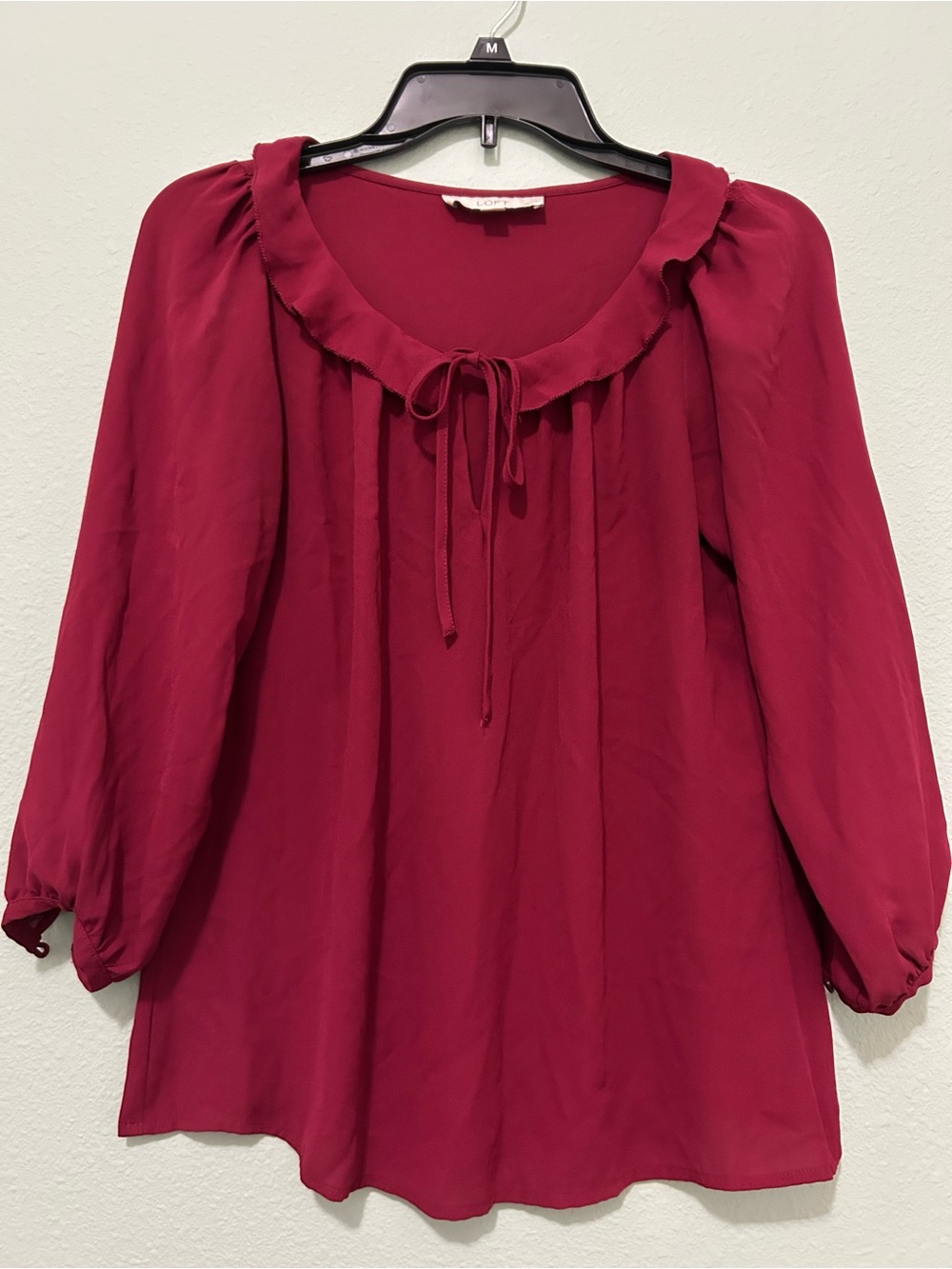 LOFT Ruffled Tie-Neck Peasant Blouse — Burgundy size PS